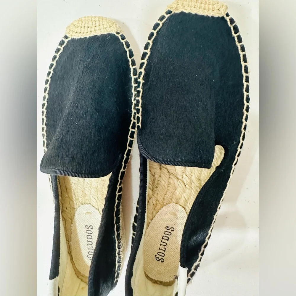 Soludos Leather Espadrille Platform Smoking Slipper Flat Size 8M‎ Black